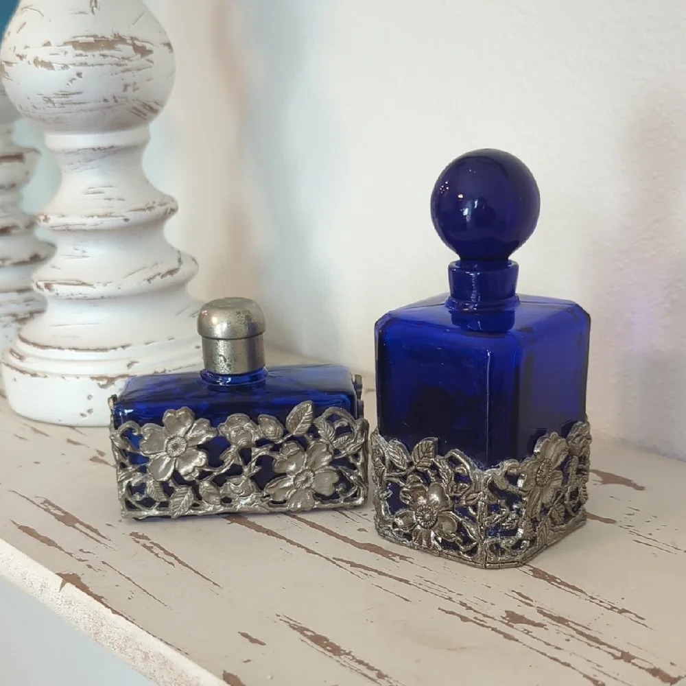 💙 Vintage Cobalt Blue Pewter Refillable Boudoir Perfume Bottles – Set of Two - Picture 11 of 12